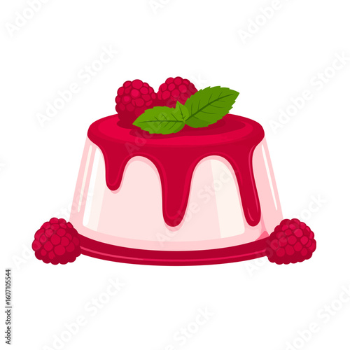 Creamy panna cotta dessert with dripping raspberry sauce, fresh berries, and a mint garnish.