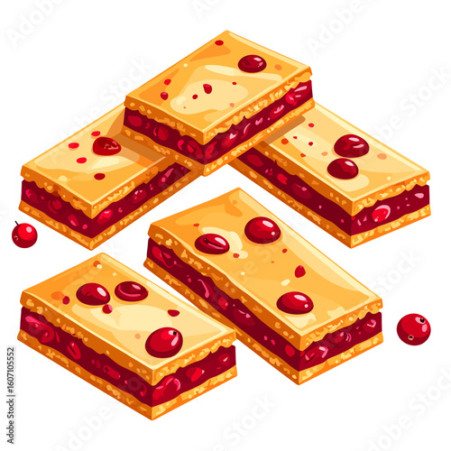 Illustrated cranberry shortbread bars with a golden crust and vibrant red berry filling.