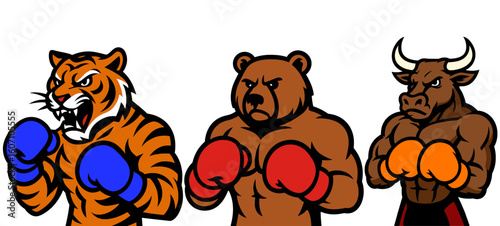 Cartoon tiger, bear, and bull dressed as boxers in fighting stances, each with colorful gloves and fierce expressions