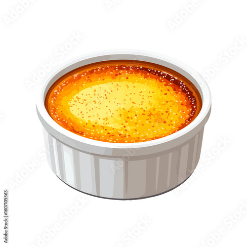 Classic cr?me br?l?e dessert with a golden caramelized sugar crust, served in a white ribbed ramekin.