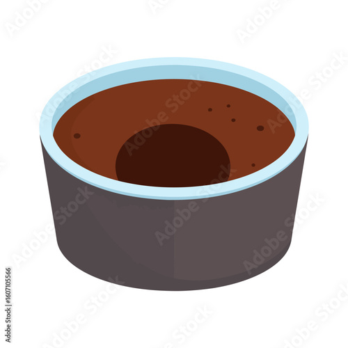 Chocolate fondant lava cake with a molten core in a dark grey cup with a light blue rim.