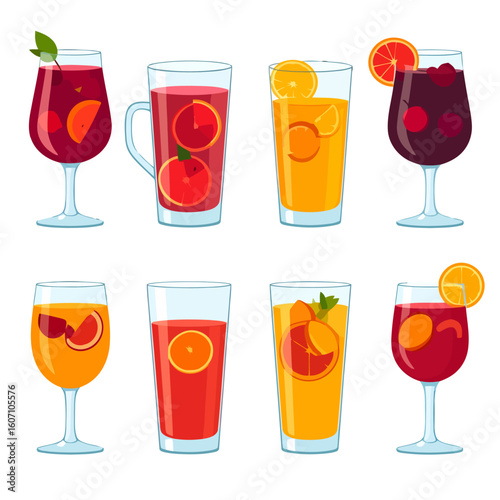 Set of colorful sangria and fruit juice cocktails in various glasses, garnished with citrus slices and mint.