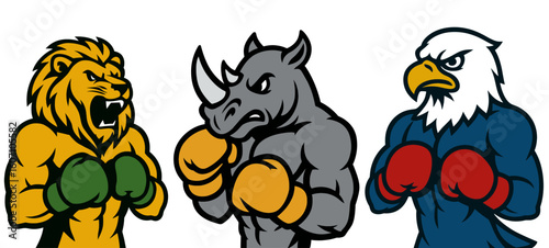 Cartoon lion, rhinoceros, and eagle in boxing gloves posed for a face-off, each styled with fierce expressions and bold colors.