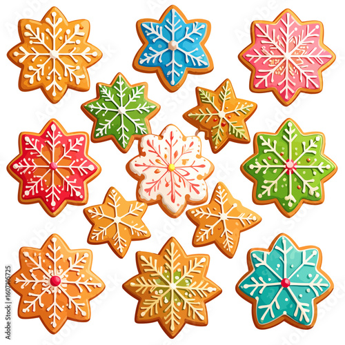 Colorful collection of star and snowflake shaped gingerbread cookies with intricate royal icing decorations.