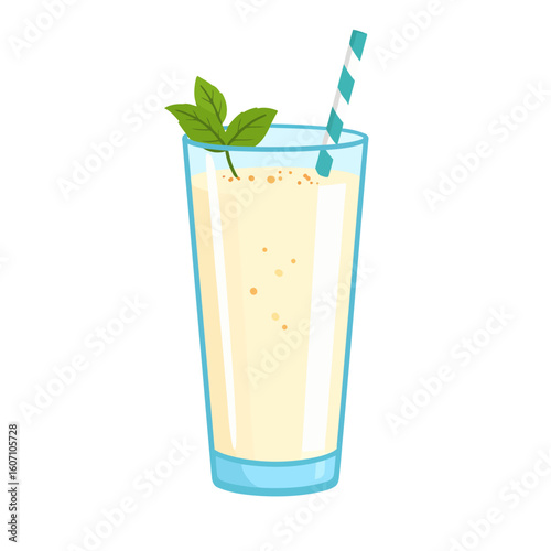 Refreshing vanilla milkshake in a tall glass, garnished with a mint sprig and a blue striped straw.