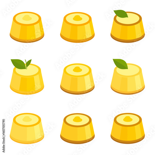 Set of delicious yellow custard puddings or flans in an isometric flat vector style, garnished with mint.