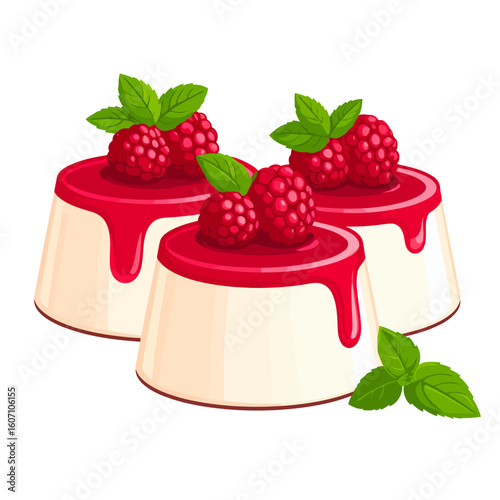 Trio of creamy panna cotta desserts with dripping raspberry sauce, fresh berries, and mint leaves.