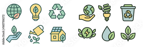 Collection of eco-friendly icons showcasing sustainability, recycling, and renewable energy concepts for environmental awareness