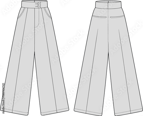 Women’s high-waisted pleated wide-leg pants – flat technical vector drawing for fashion CAD and garment design templates