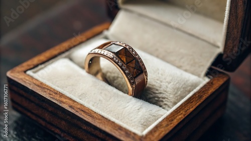 A gold ring with diamonds sits in a wooden box, a symbol of luxury and commitment transparent background