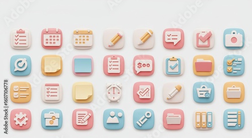 A collection of 3D icons representing Tasks and Productivity