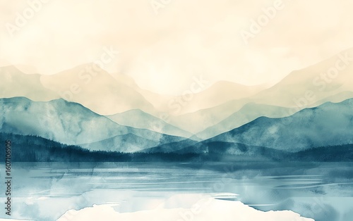 Ethereal fog shrouds majestic mountain ranges and a tranquil lake during early morning hours. Soft hues of blue and green blend seamlessly, conveying a sense of calm and mystery. Distant peaks rise