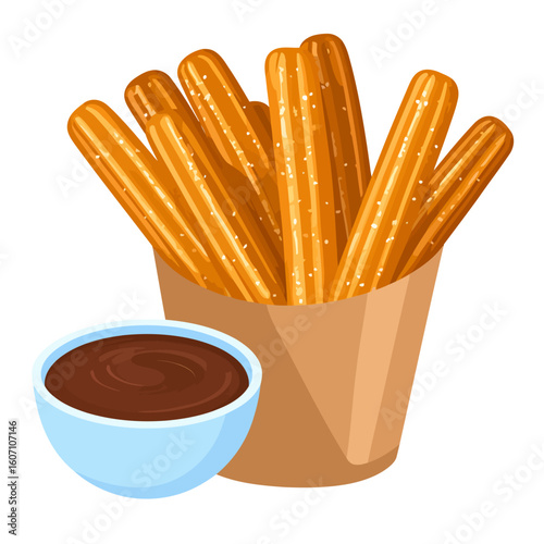 Golden fried churros sprinkled with sugar in a paper cone, served with a rich chocolate dipping sauce.
