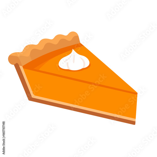 Vector illustration of a pumpkin pie slice with whipped cream and a fluted crust.