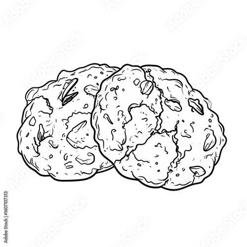 A detailed black and white line art illustration of two textured oatmeal cookies with nuts and cracks.