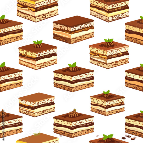 Illustrated square slice of layered tiramisu cake with cocoa powder and mint garnish.
