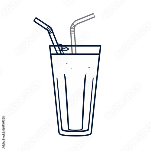 Minimalist line art of a cold beverage in a faceted glass with two flexible straws.