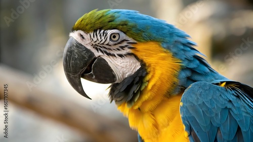 A closeup shot of a blue and yellow macaw parrot with its vibrant feathers and sharp beak transparent background