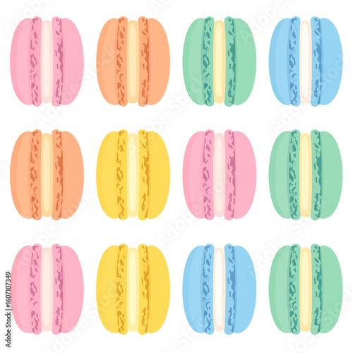 Assortment of sweet French macaron cookies in various pastel colors, arranged in a neat grid pattern.
