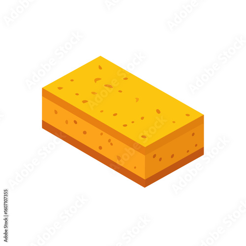Isometric illustration of a rectangular yellow kitchen sponge with a porous texture.