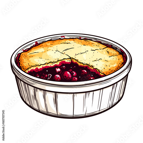 Illustrated berry cobbler with a cracked golden crust and juicy red fruit filling.