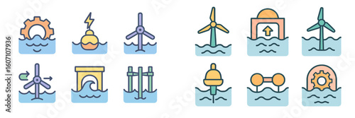 Marine energy technology icons illustrating various methods of harnessing ocean power for sustainable energy solutions