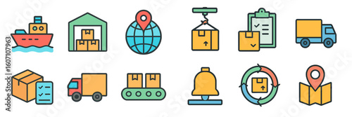 Various icons representing shipping, logistics, and transportation activities across different stages of the supply chain process