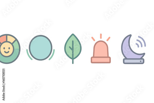 Colorful icons representing happiness, nature, alertness, and technology set against a simple background