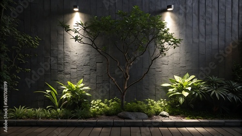 A tranquil garden landscape with modern lighting highlighting the trees and plants at night transparent background