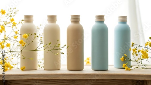 Elegant pastel colored cosmetic bottles are displayed with delicate yellow flowers on a wooden surface transparent background