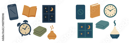 Decorative illustrations of evening routine items including clocks, books, and cozy elements displayed on a light background