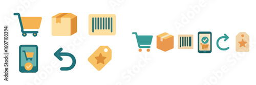 Online shopping icons representing cart, order, and return processes for e-commerce platforms