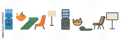 Creative office interior design featuring modern furniture and water cooler with fruit bowls in a bright workspace