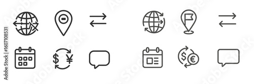 Various icons representing global communication, travel, finance, and scheduling in a minimalist style