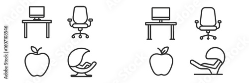 Various stylish office furniture and apple icons showcased against a minimalist background