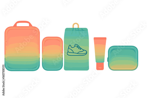 Colorful travel accessories arranged in an appealing gradient style for a stylish journey