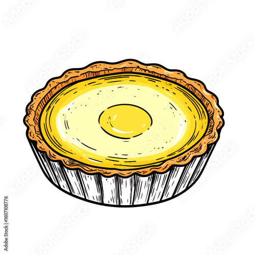 Hand-drawn illustration of a single yellow custard tart with a fluted pastry crust.