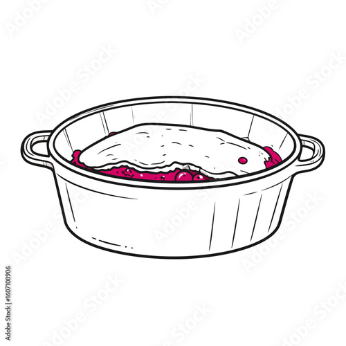 Minimalist line art of a warm berry cobbler in a white oval dish with handles.
