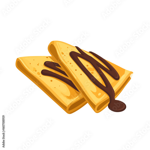 Two golden-brown folded crepes with a generous drizzle of dark chocolate sauce.