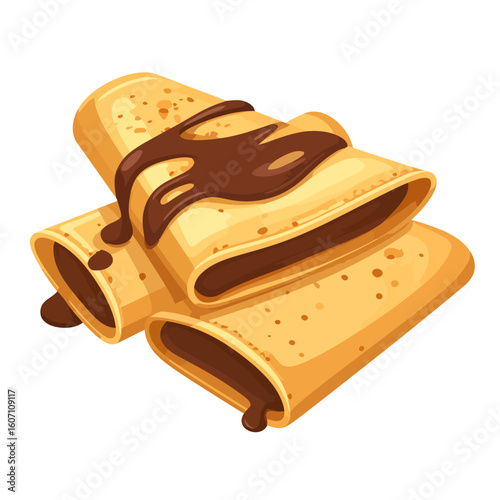 Stack of three golden rolled crepes, filled and drizzled with rich, glossy chocolate sauce.