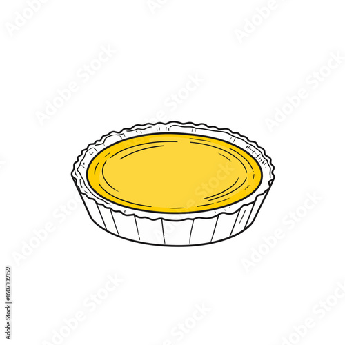 Hand-drawn yellow custard tart with a fluted pastry crust. Simple cartoon illustration of a whole lemon pie.