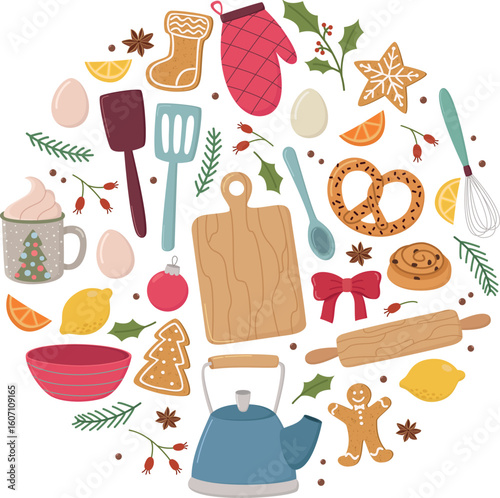 Round banner or card with Christmas baking themed elements. Set of different kitchen utensils, ingredients and pastries	