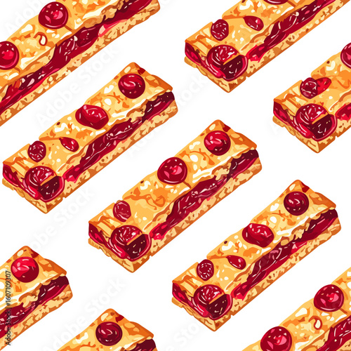 Golden-baked cherry crumble bars with a rich red jam filling, illustrated style.
