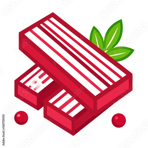 Isometric red and white striped candy bars with fresh mint leaves and red berries.