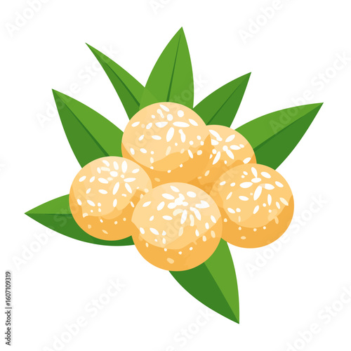 A cluster of five golden sweet balls coated with sesame seeds, served on vibrant green leaves.