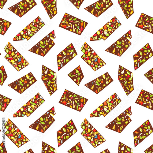 Colorful chocolate bark pieces with pistachios and candied fruit in a stylized illustration.