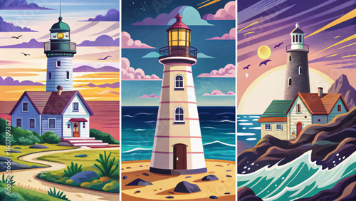 Set of lighthouse vector illustrations on seashore with ocean view, island cliffs, coastal beacon, seascape scenery. Symbol of hope, solitude, guidance, perfect for banners, posters, and backgrounds