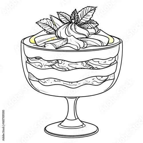 Detailed line art of a layered banana cream dessert with whipped topping and fresh mint garnish in a glass goblet.