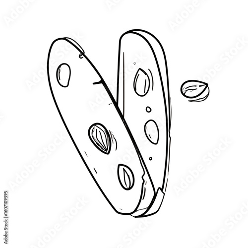 Hand-drawn line art of a folded pita bread sandwich filled with almonds and various seeds, in a sketchy doodle style.