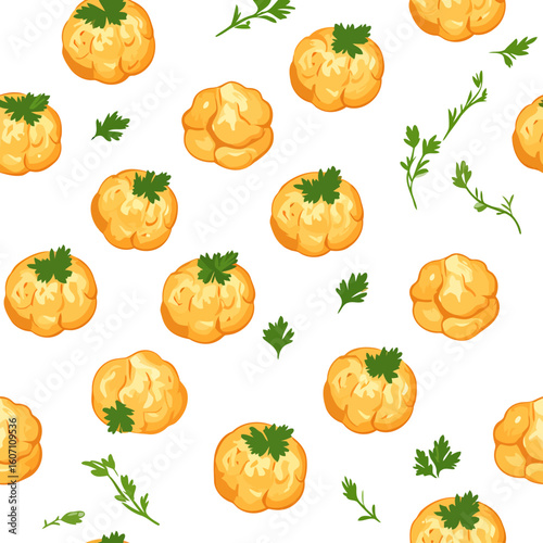 Seamless pattern of golden yellow dumplings, illustrated with fresh green parsley sprigs.
